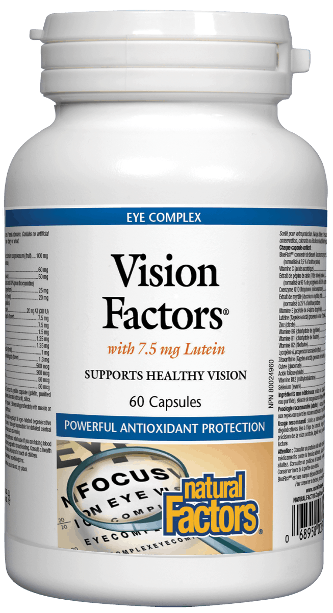 A bottle of Natural Factors Vision Factors dietary supplement containing 60 capsules, with a label indicating it supports healthy vision with a focus on antioxidant protection.