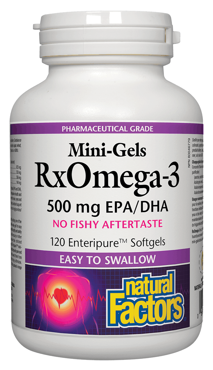 A bottle of Natural Factors RxOmega-3 Mini Gels, 500 mg, containing 120 Enteripure softgels.