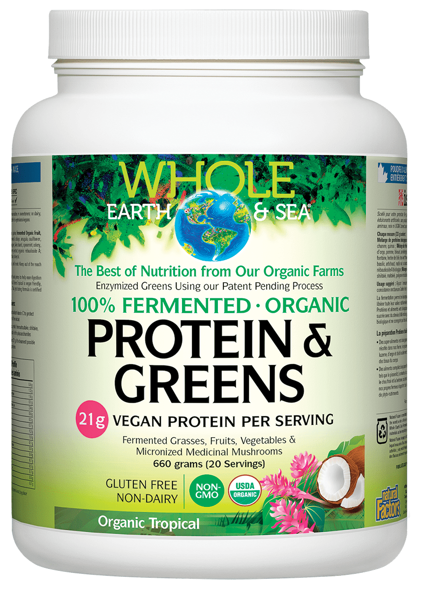 A container of Natural Factors Whole Earth & Sea Fermented Organic Protein & Greens with a tropical flavor, featuring a green and white label with images of organic fruits and vegetables.