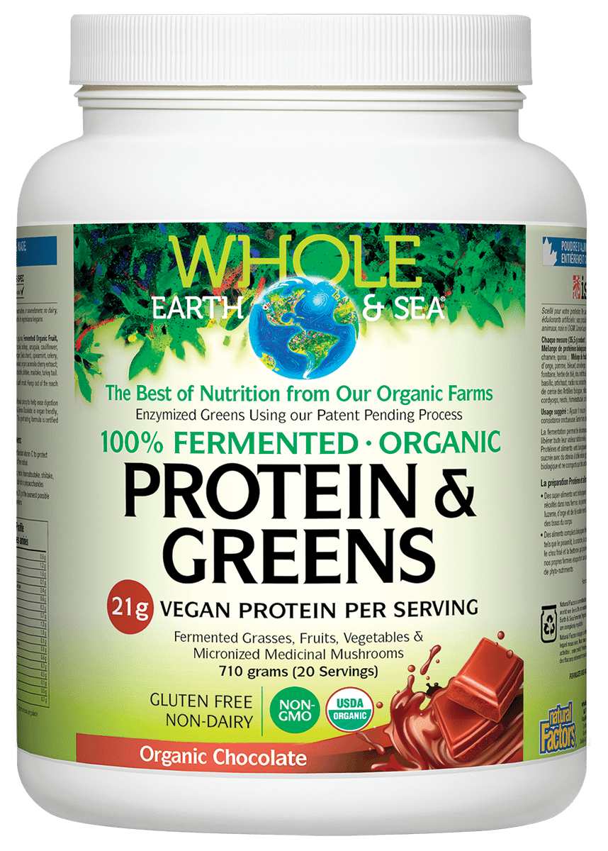 A container of Whole Earth & Sea 100% Fermented Organic Protein & Greens in chocolate flavor, highlighting its vegan protein content and various organic ingredients.