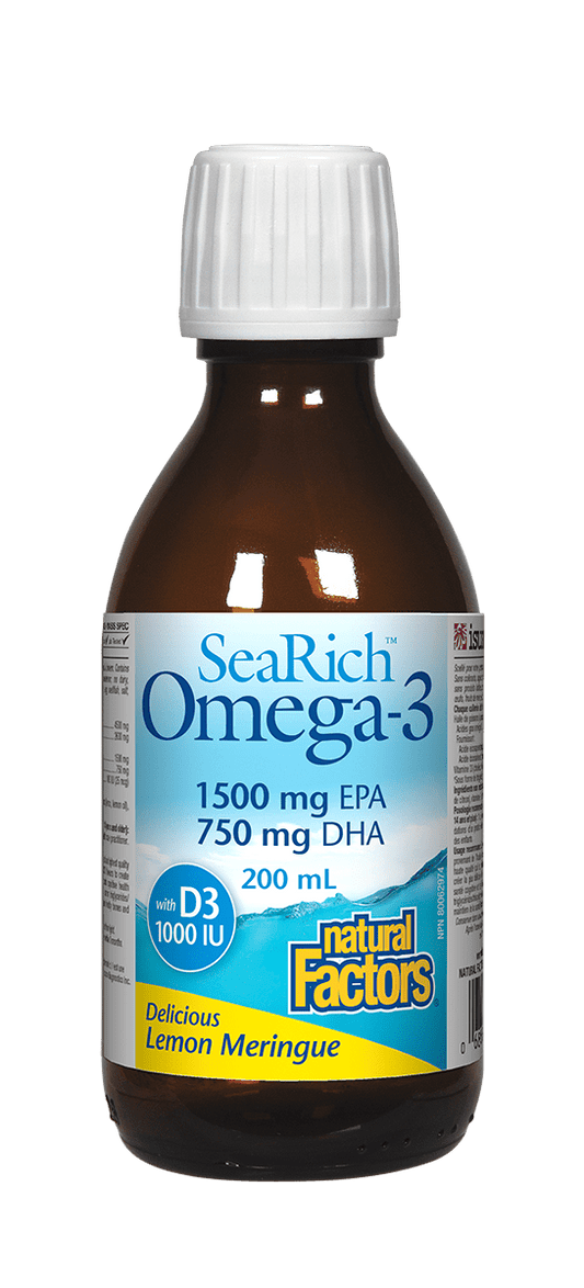 Natural Factors SeaRich Omega-3魚油 (+維生素D), 1500毫克 EPA/750毫克DHA, 檸檬酥皮口味， 200毫升