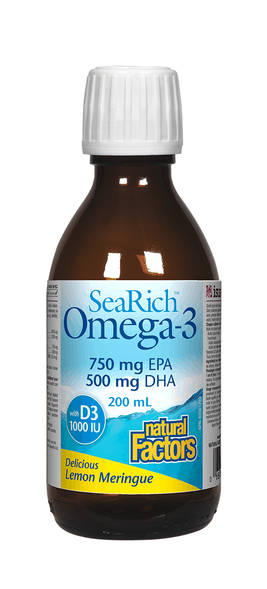 Natural Factors SeaRich Omega-3鱼油 (+維生素D）750毫克 EPA/500毫克DHA, 柠檬酥皮口味， 200毫升