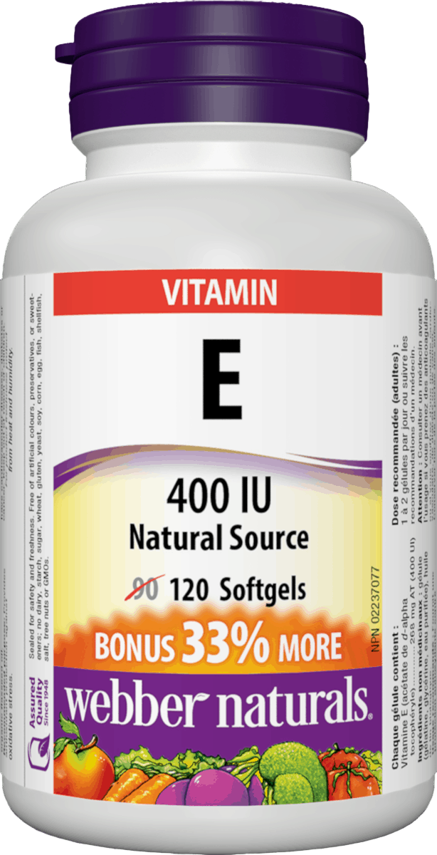 Webber Naturals Vitamin E supplement bottle with purple cap and colorful label. available online at natvd.com natural vitamin direct inc Canada