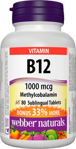 Webber Naturals B12, 1000 mcg Sublingual (Methylcobalamin), 80 Tablets Bonus Pack