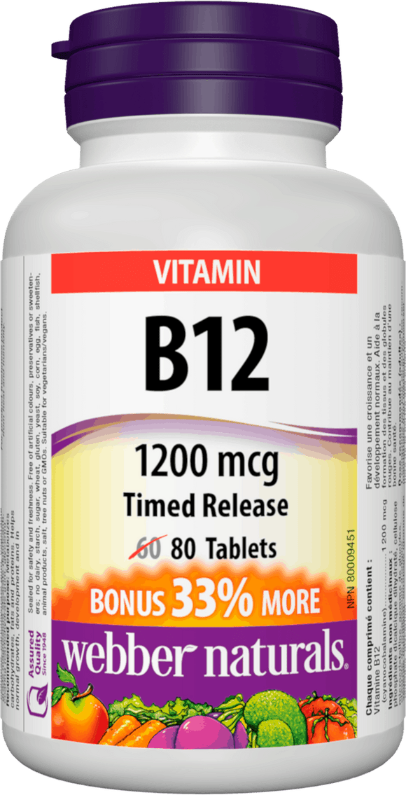 Webber Naturals Vitamin B12 Timed Release 1200 mcg, 60+20 tablets Bonus Size