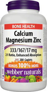 Webber Naturals Calcium Magnesium Zinc, Enhanced Absorption, 333/167/17 mg, BONUS 200 caplets