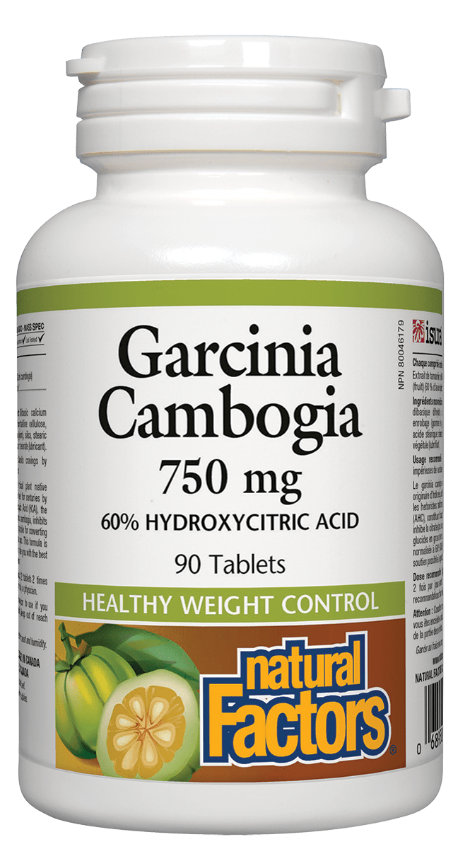 A bottle of Natural Factors Garcinia Cambogia 750 mg with 90 tablets, labeled for healthy weight control.