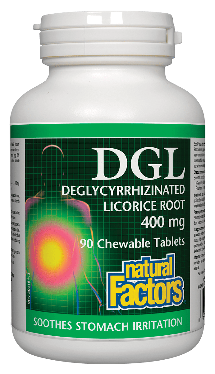Bottle of Natural Factors DGL Deglycyrrhized Licorice Root Extract with 90 chewable tablets, green and white label design.