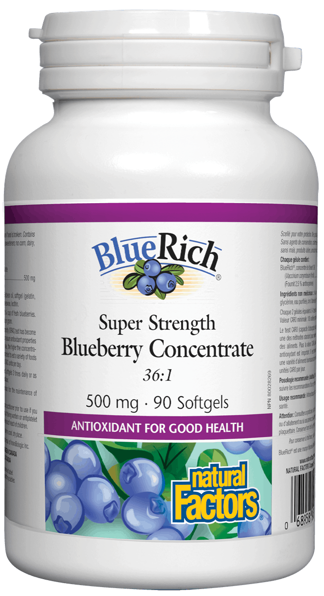 A bottle of Natural Factors BlueRich Blueberry supplement containing 90 softgel capsules, with an image of blueberries on the label.