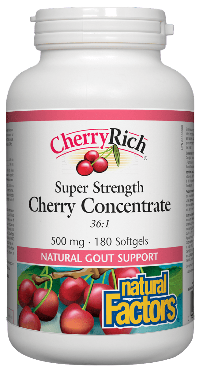 Bottle of Natural Factors CherryRich Super Strength Concentrate Canadian label sold by natvd.com