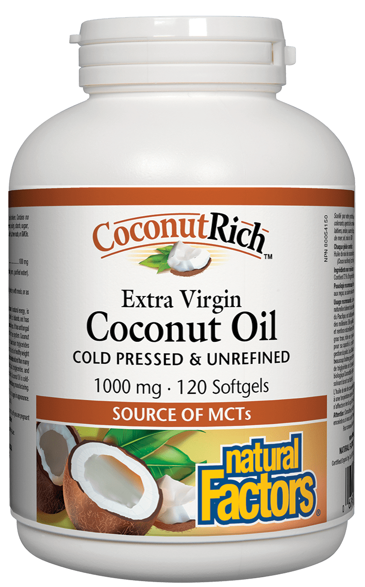 A bottle of Natural Factors CoconutRich Extra Virgin Coconut Oil with 120 softgels, each containing 1000 mg of organic extra virgin coconut oil.