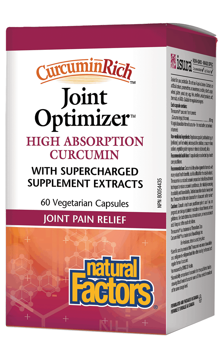 Box of Natural Factors Joint Optimizer supplement with 60 vegetarian capsules for joint pain relief, featuring key ingredients like curcumin and inflammatory extracts.