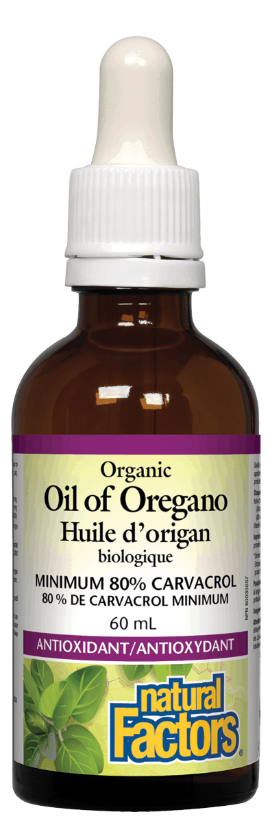 A bottle of Natural Factors Organic Oil of Oregano, 60 ml, with a label indicating it is a dietary supplement.