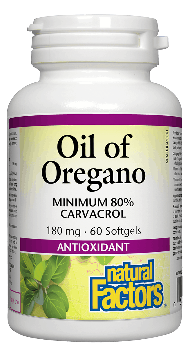 A bottle of Natural Factors Organic Oil of Oregano softgels with a label showing the product name and amount of softgels.