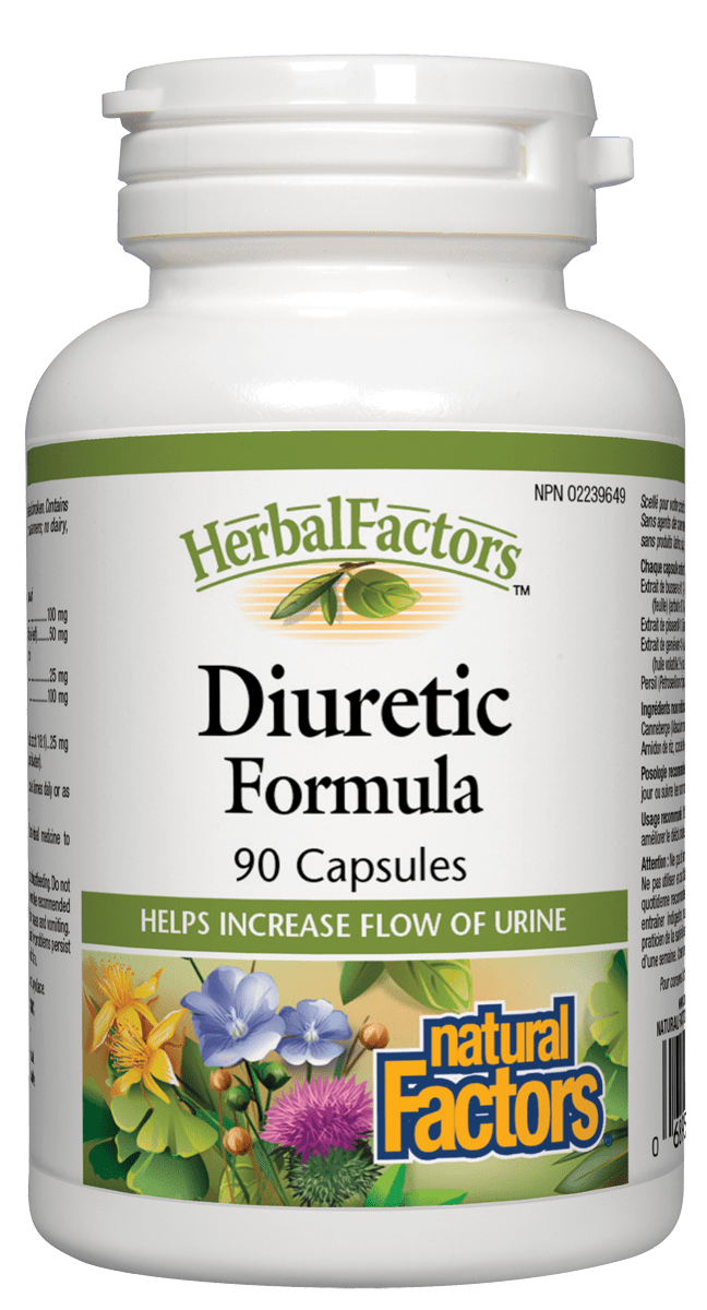 A bottle of Natural Factors Diuretic Formula with 90 capsules. The label shows the product name, the number of capsules, and mentions that it helps increase flow of urine.