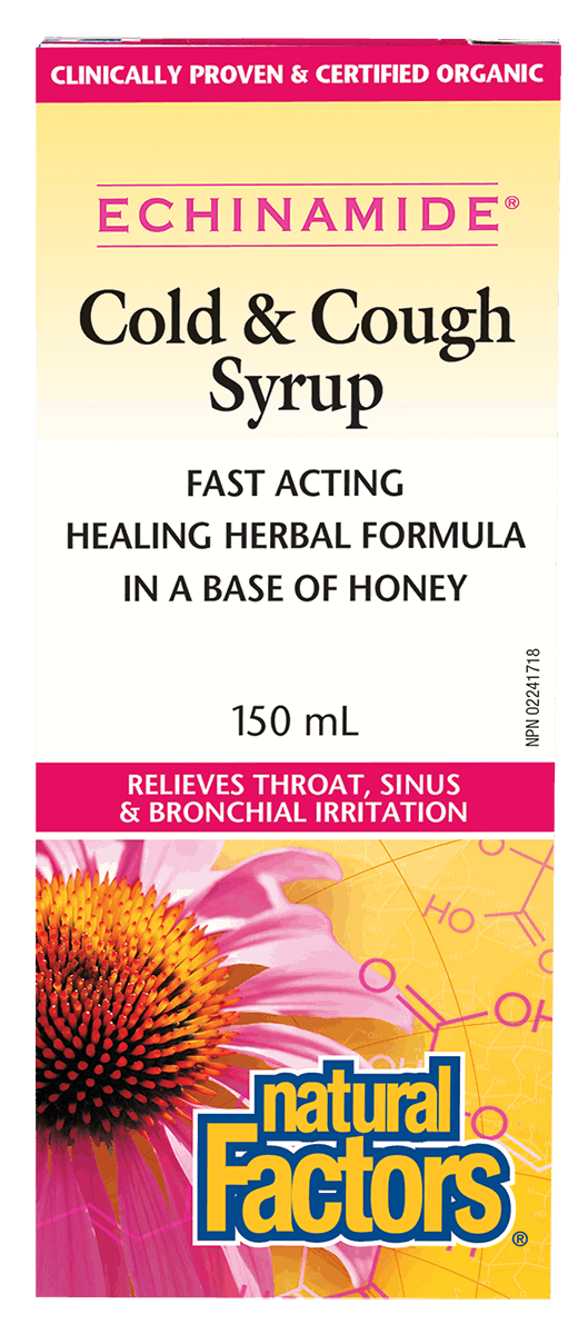The packaging of Natural Factors ECHINAMIDE Cough and Cold Syrup, displaying the product name, dosage information, and a floral design.