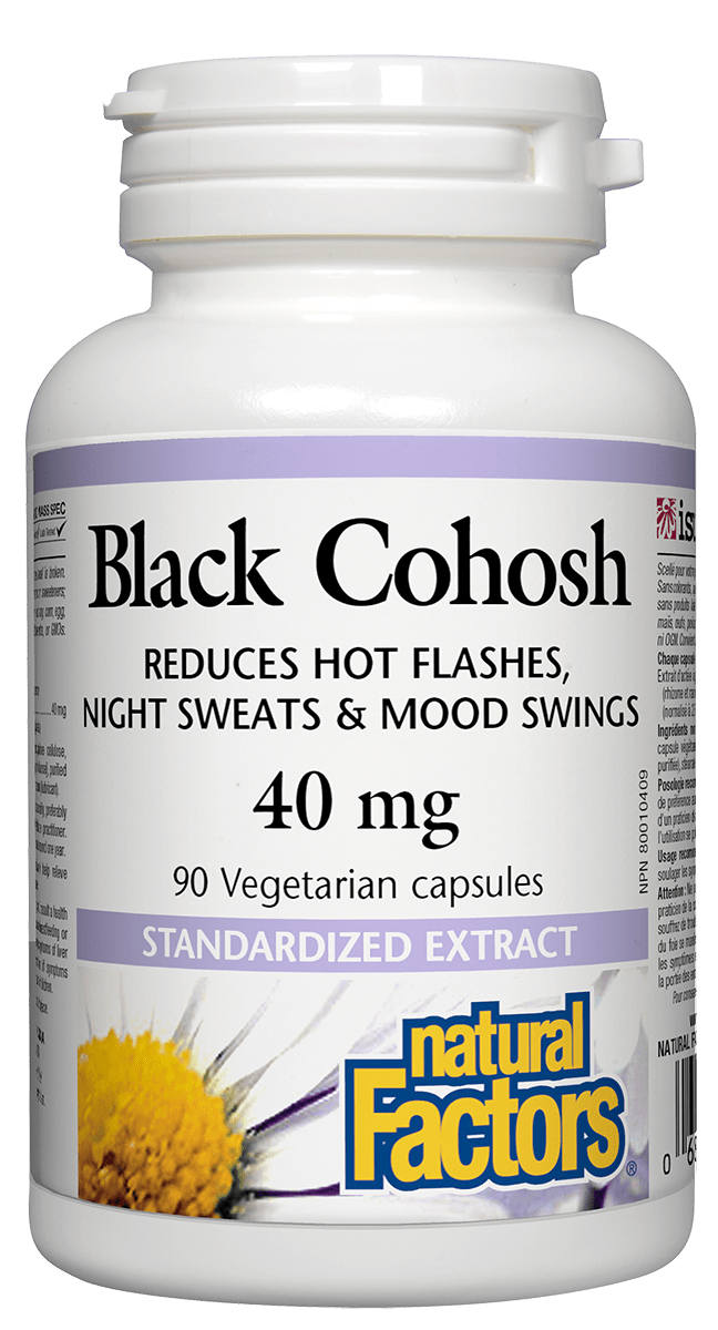 A bottle of Natural Factors Black Cohosh with 90 vegetarian capsules, each providing 40 mg of black cohosh extract.