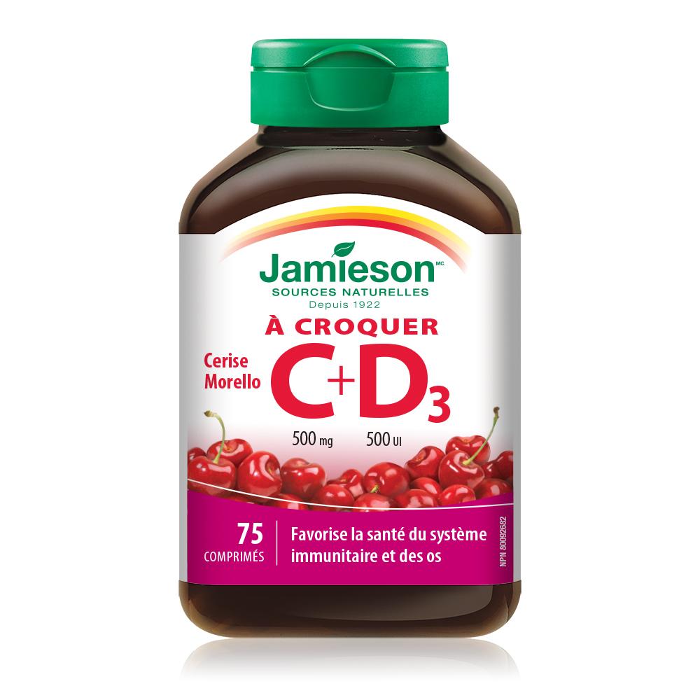 健美生 Jamieson Vitamin C, 500 mg + D3 500IU, Chewable Cherry 75 tablets French Label