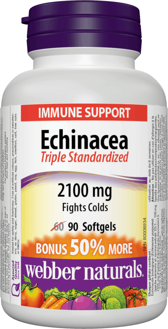 Webber Naturals Echinacea Standardized Herb 8:1 Extract, 2100mg, 90 Softgels Bonus