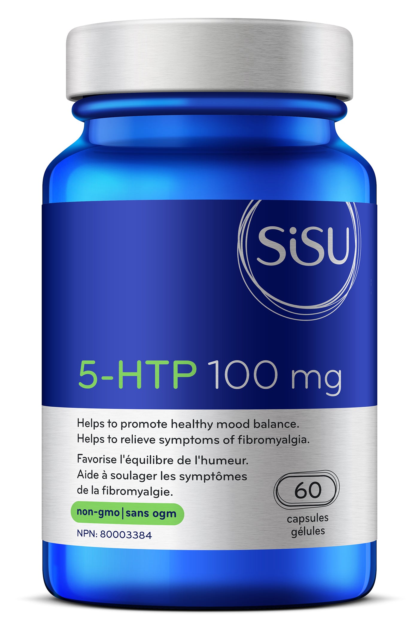 A blue bottle of SISU 5-HTP 100mg supplement with 60 capsules, labeled for promoting healthy mood balance and aiding in weight management.