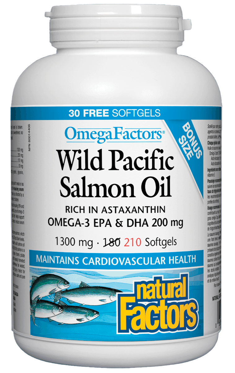 Natural Factors Wild Pacific Salmon Oil, 1000 mg, Bonus 180+30 softgels 然自自然