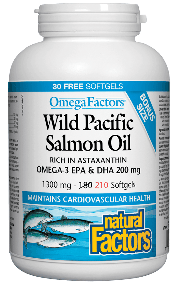 Natural Factors Wild Pacific Salmon Oil, 1000 mg, Bonus 180+30 sgls