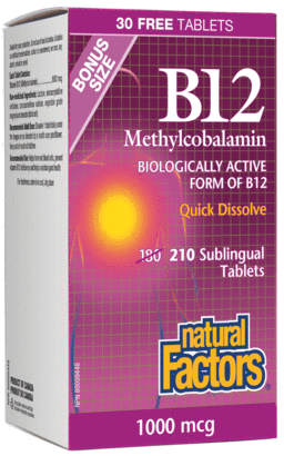 Natural Factors Vitamin B-12 Methylcobalamin, 1000mcg, bonus 210 Sublingual tablets