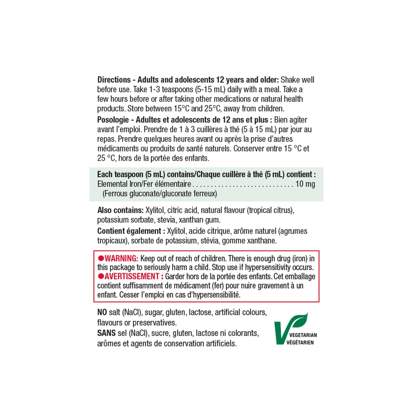 Jamieson Iron Liquid 10mg Tropical Citrus, 200ml ingredients