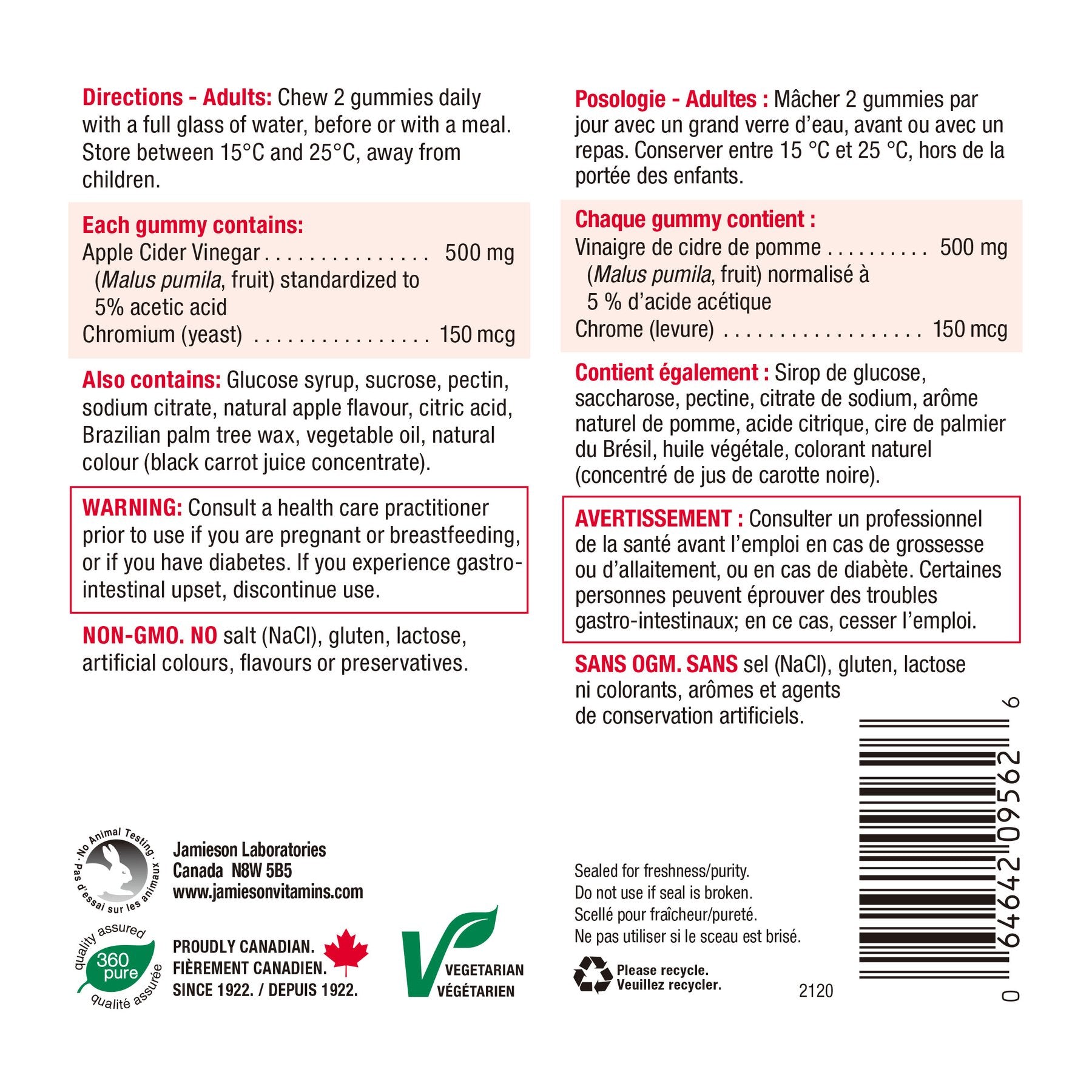 Jamieson Apple Cider Vinegar Gummy, 60 gummies 健美生 ingredients