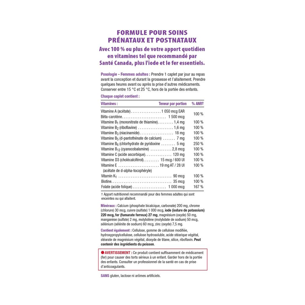  健美生 Jamieson Prenatal 100% Complete Multivitamin, 100 caplets ingredient information panel photo Canada French