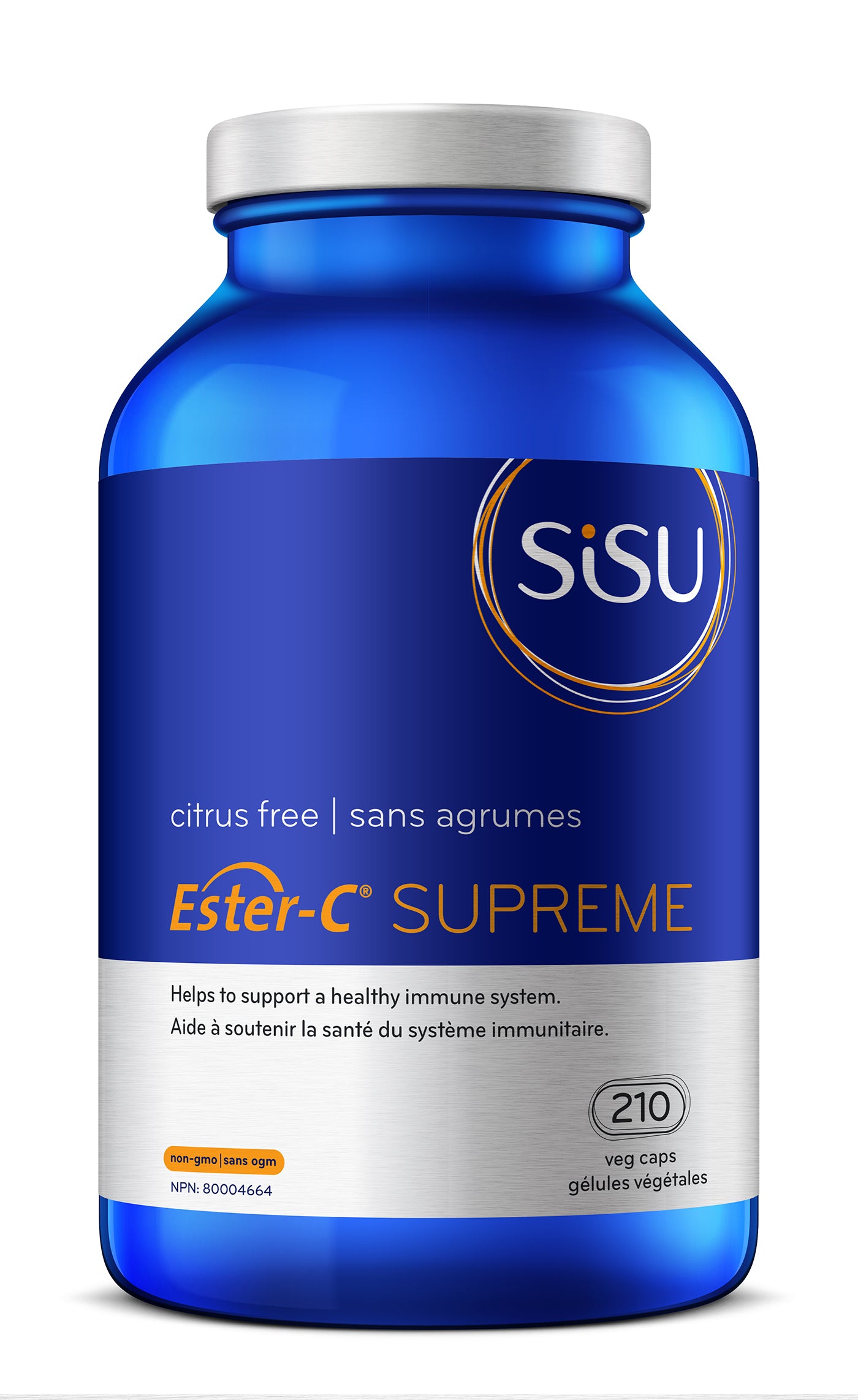 A blue bottle of SISU Ester-C Supreme vitamin supplements with 210 Vcaps, citrus-free.