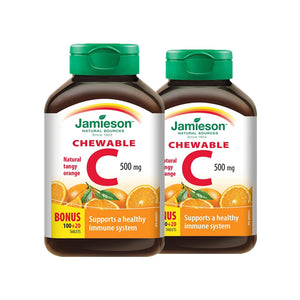 2 x Jamieson Chewable Vitamin C, Tangy Orange, 500 mg, 100 tablets + 20 FREE BONUS Bundle