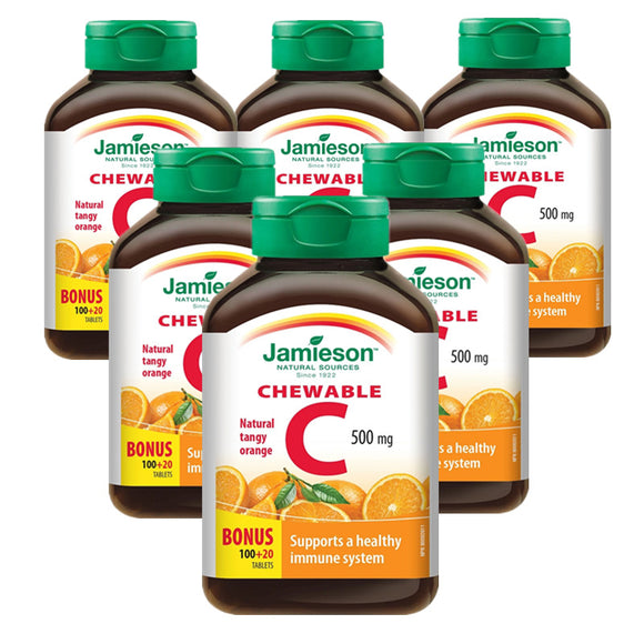 (Promotion Item) 6 x Jamieson Chewable Vitamin C, Tangy Orange, 500 mg, 100 tablets + 20 FREE BONUS