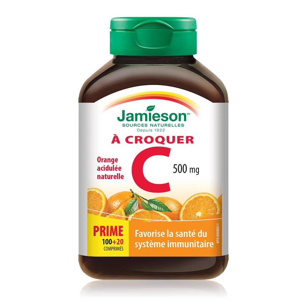Jamieson Chewable Vitamin C, Tangy Orange, 500 mg, 100 tablets + 20 FREE BONUS french 健美生