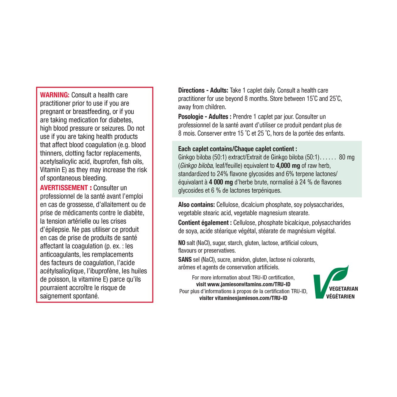 Jamieson Ginkgo Biloba, 60 + BONUS 30 caplets ingredients