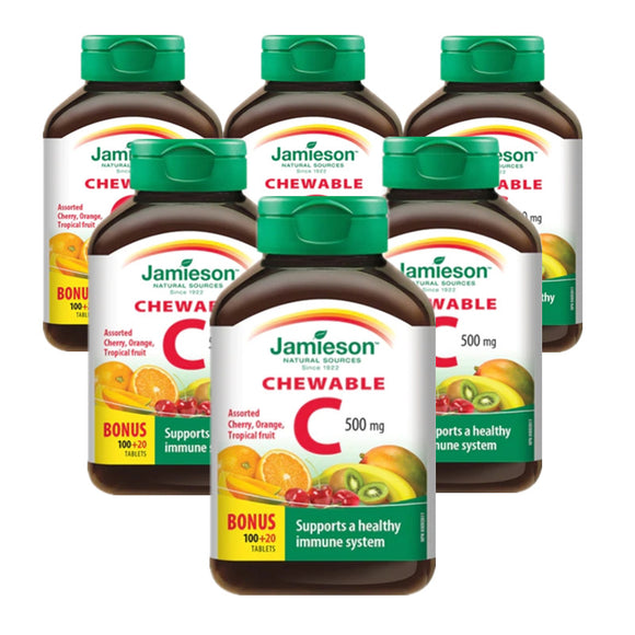 6 x Jamieson Chewable Vitamin C, Assoretd Flavours (Cherry, Tropical and Tangy Orange ) , 500 mg, 120 tabs Bundle