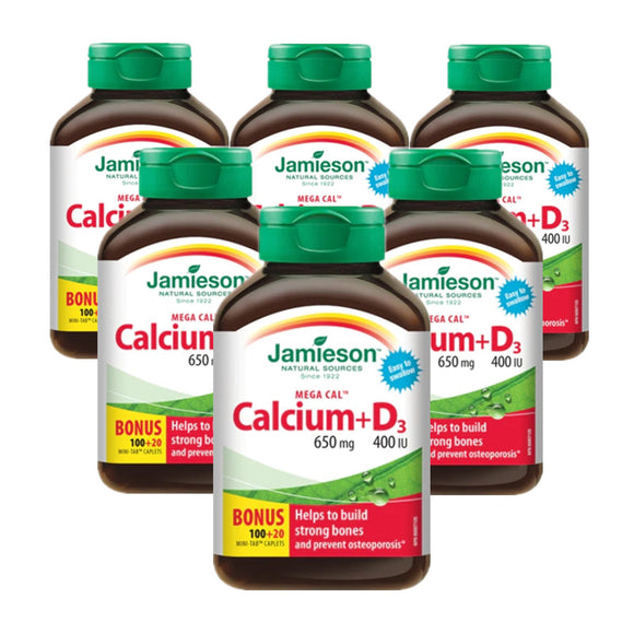6 x Jamieson Mega Cal - Calcium & Vitamin D3 100+20 caplets Bonus Bundle