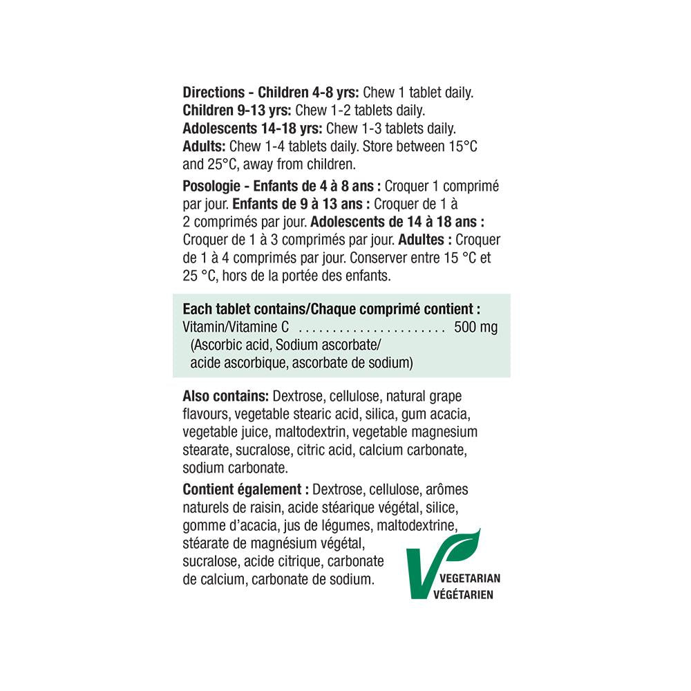 Jamieson Chewable Vitamin C, Grape Juice, 500 mg, 100 tablets + 20 FREE BONUS ingredients