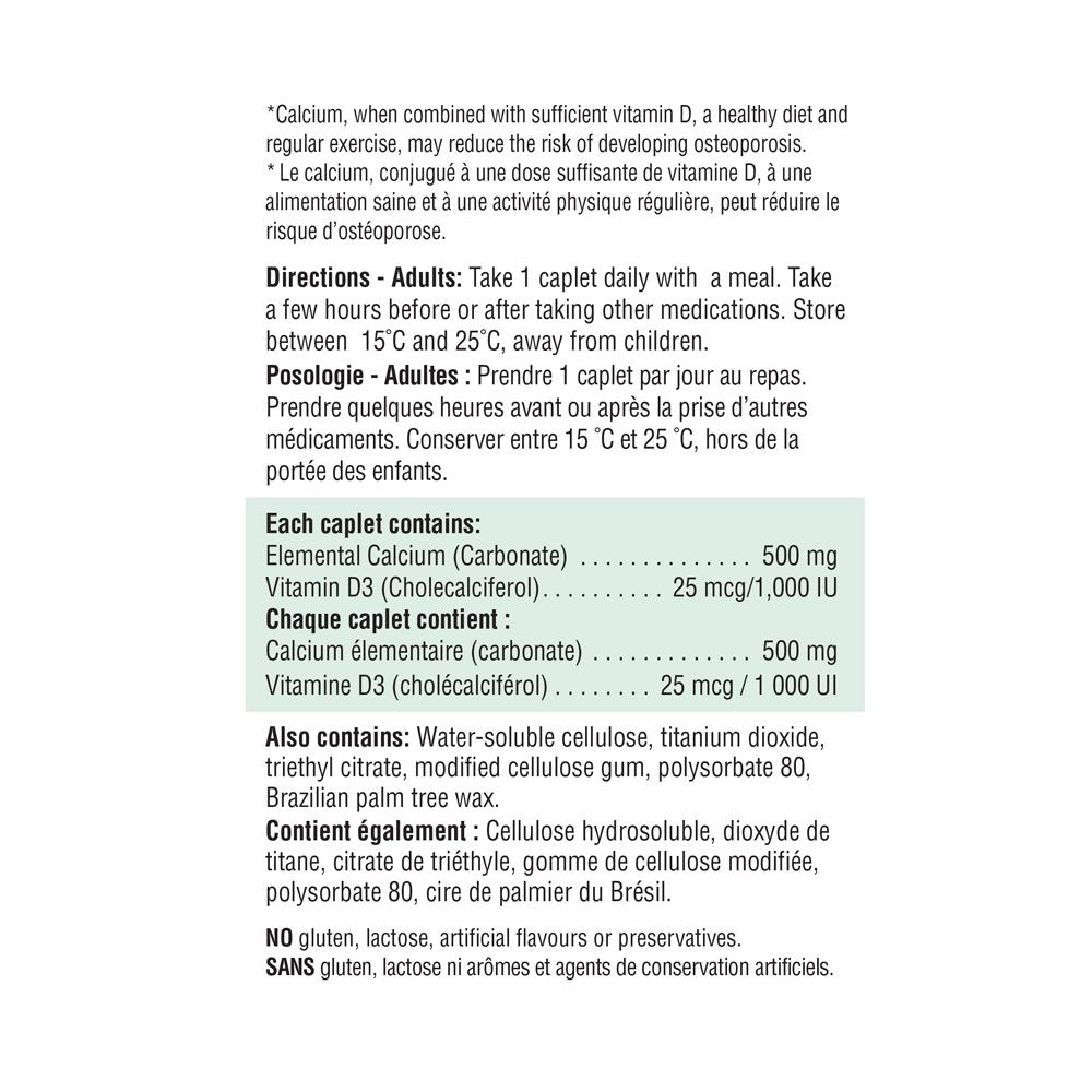 Jamieson Calcium & Vitamin D3, 500mg/1000IU, 90 caplets 健美生 ingredients