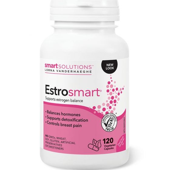 A bottle of Lorna Vanderhaeghe ESTROsmart, which has pink and white labeling and contains 120 vegicaps. The product is designed to support estrogen balance and detoxification.