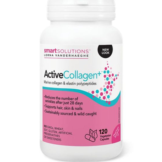 A bottle of Active Collagen supplements by Lorna Vanderhaeghe with 120 veg caps. The label is predominantly pink and white, with mentions of the product's benefits for skin, hair, and nails.
