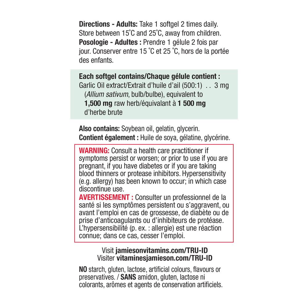 健美生 Jamieson Super Garlic Oil 1,500mg 100 softgels ingredients Canada packaging