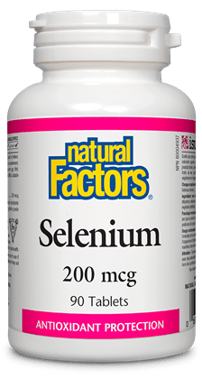 Bottle of Natural Factors Selenium 200mcg containing 90 tablets for antioxidant protection.