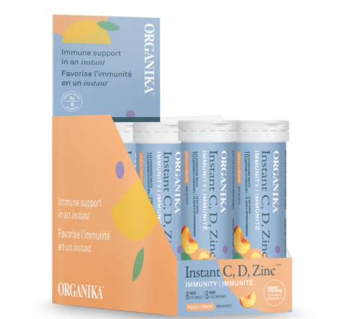 优格康 Organika Instant C, D, Zinc Immunity Effervescent - Peach, 10 tabs x 8 tubes