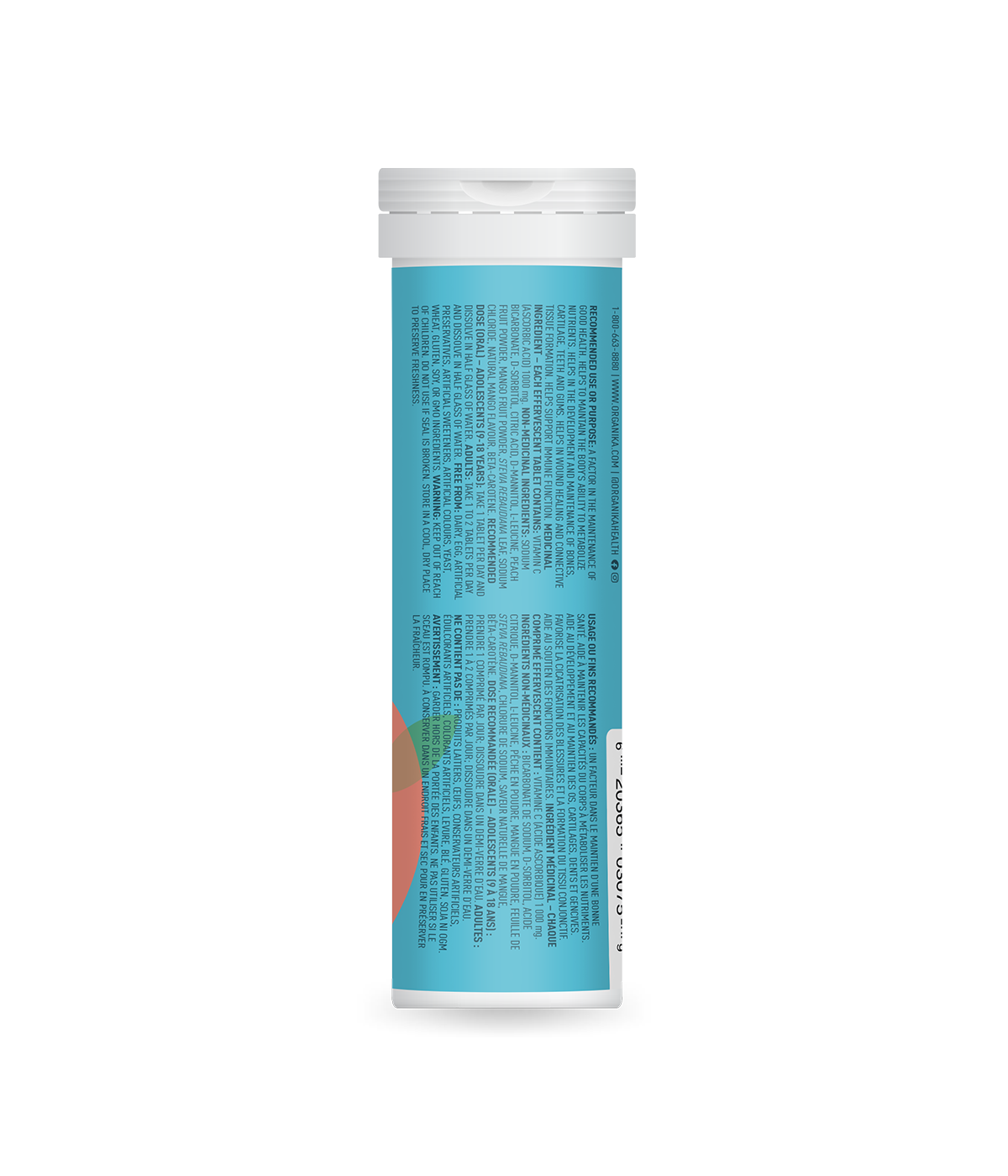 优格康 Organika Instant C Effervescent Peach Mango 1000mg, 10 tablets label Canada