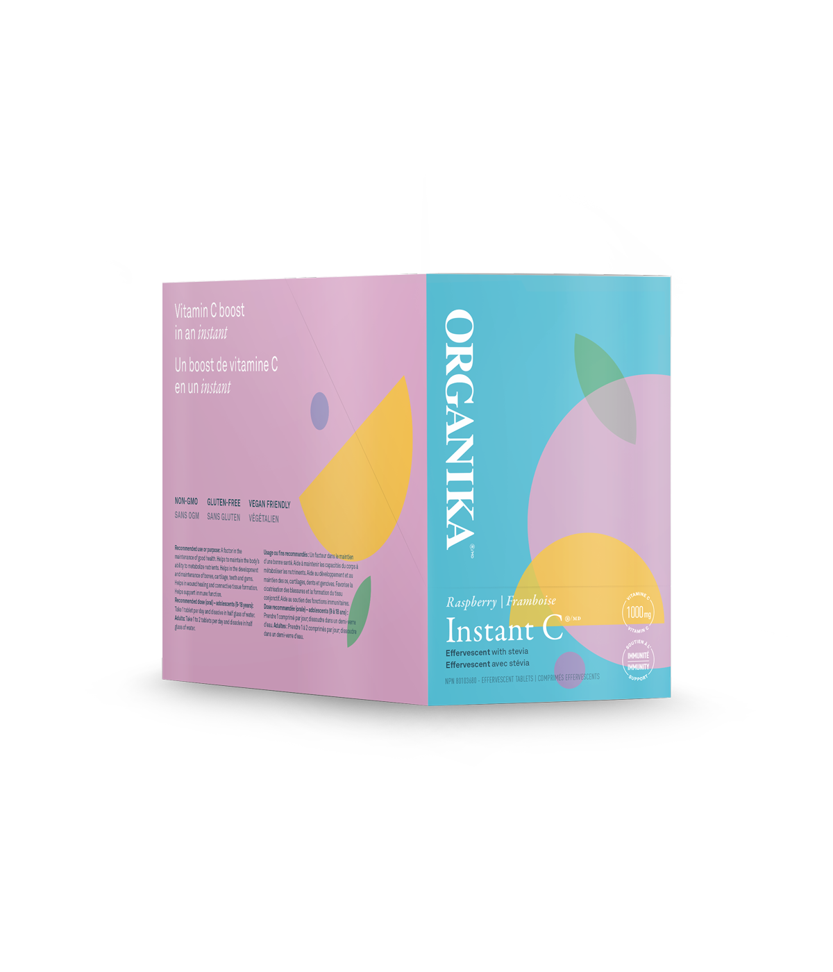 Organika Instant C Effervescent Raspberry 1000mg, 10 tabs x 8 tubes carton