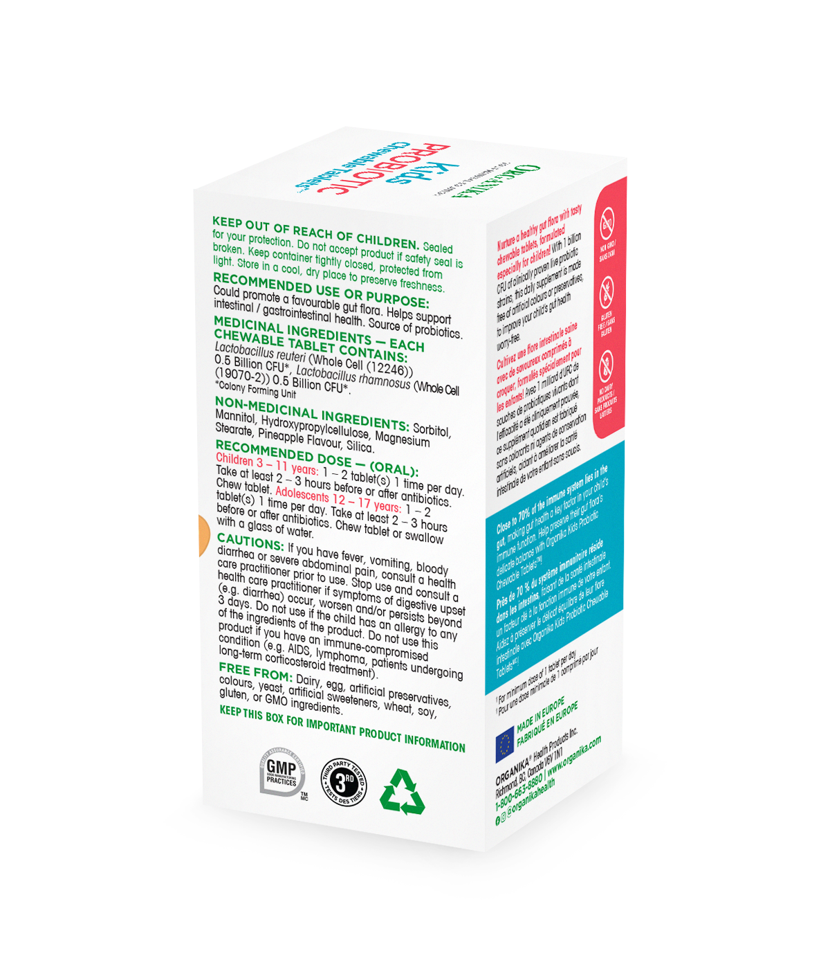  优格康 Organika Kids Probiotic Chewable, 30 tabs outer box information Canadian