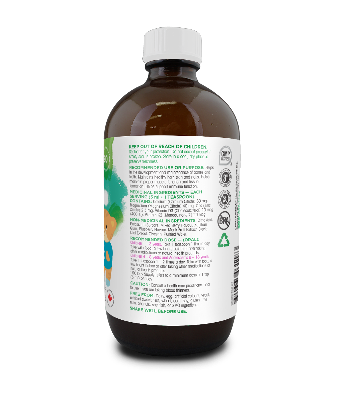 优格康 Organika Kids Liquid Calcium Plus with Vitamins D3 & K2 Mixed Berry, 450 ml Label Canada