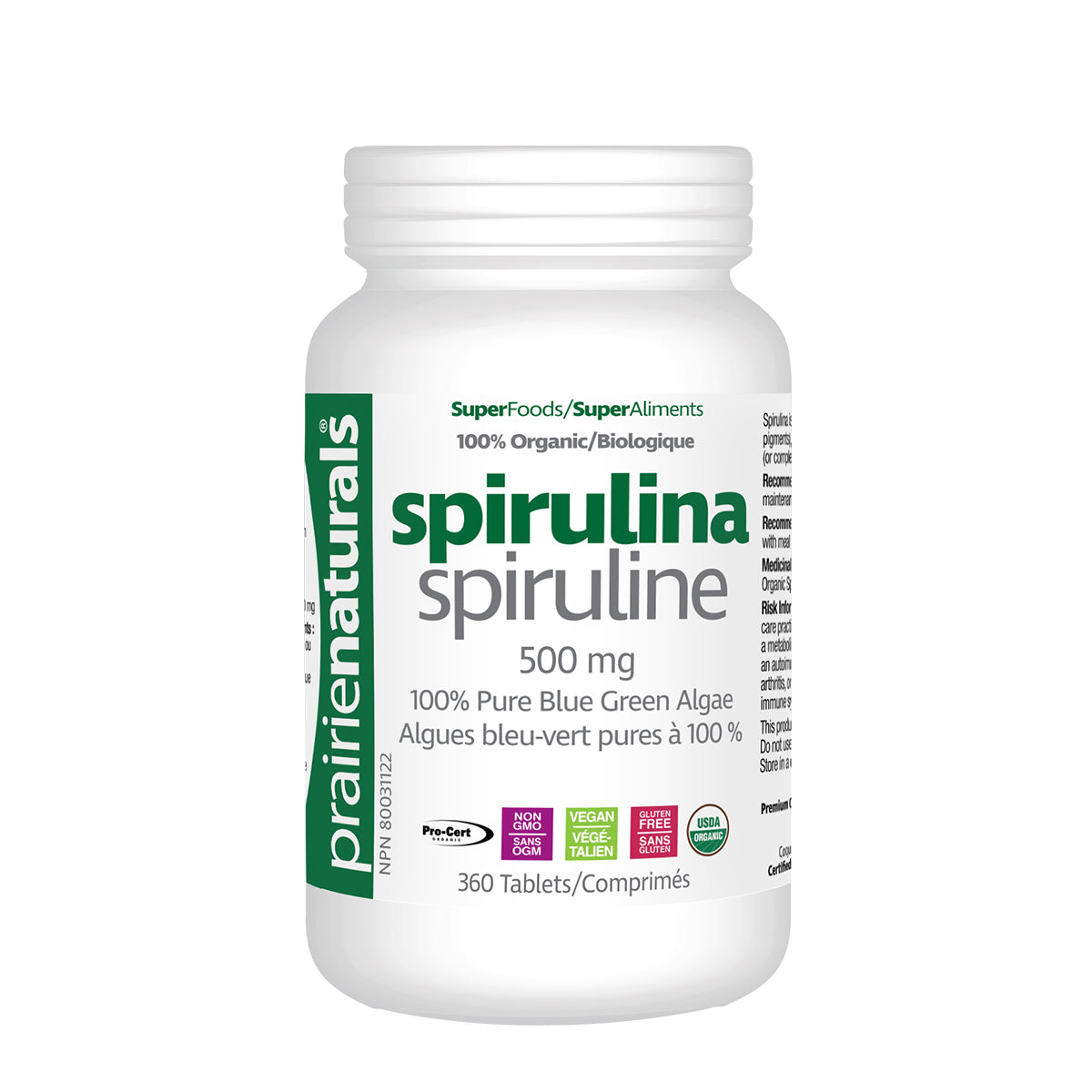 Prairie Naturals Organic Spirulina 500mg 360 tablets