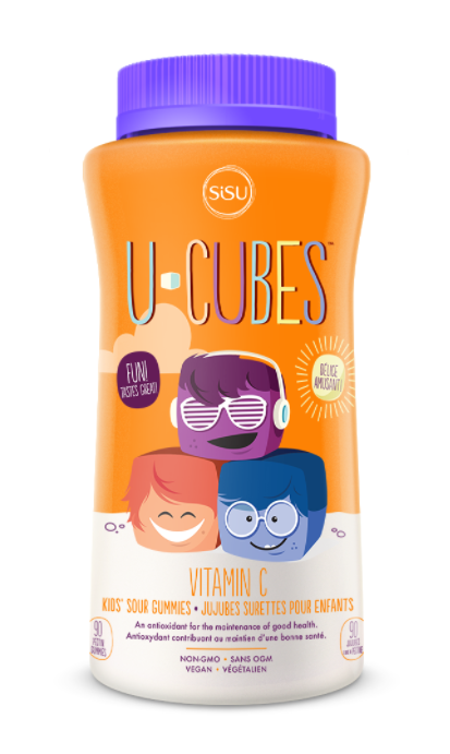 A bottle of SISU U-Cubes Kids Vitamin C gummies in strawberry and orange flavors.
